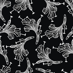 Wall Mural - graphic tropical flower seamless pattern.linear white color blossom on a black background.floral pri