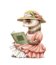 Watercolor Vintage Girl Ferret Animal In Vintage Pink Dress Reading A Book Isolated On White Background. Hand Drawn Illustration Sketch