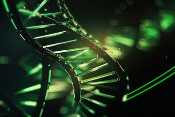 DNA gene helix spiral structure molecule on green bokeh background, concept of medicine, research, experiments, virus, disease created with Generative AI