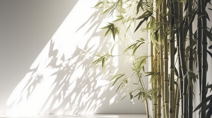 Wall Mural - Tranquil bamboo background with shadows on a plain wall. Generative ai