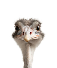 funny portrait of an ostrich looking straight into the camera,  head and neck over a transparent background, isolated design element / cut-out, generative AI