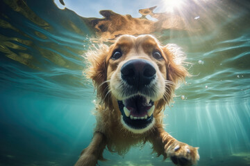 Underwater funny photo of dog, dive deep down. Summer vacation with pet. Generative AI illustration