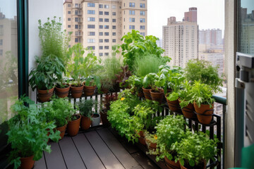 A garden on a metropolitan apartment balcony with plants growing up the sides. Generative AI