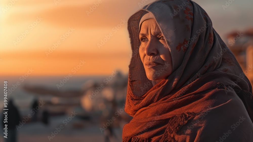 Serious Old Arab muslim woman wearing a hijab posing in a northern african city. Generative ai
