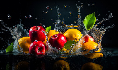  Red apples and oranges in the splashes of fresh water. Healthy food concept. Black backdrop. Generative AI.