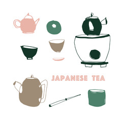 Wall Mural - Vector set of colored utensils for the Japanese tea ceremony. Hand drawing, doodle, sketch. White background. Tea club, cafe, oriental tradition. Menu, invitations. Eps10