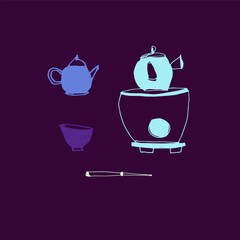 Wall Mural - Vector set of items for the oriental tea ceremony. Japanese tea, tradition, culture. Teapots, cups. Hand drawing, doodle, sketch. Purple, turquoise. Tea culture, tea drinking. Eps10