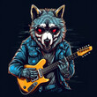 A wolf playing a guitar and wearing a leather jacket. AI generative clip-art on black background Generative AI