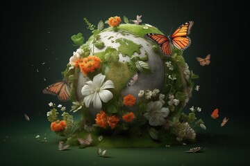 The World as a Globe Covered in Flowers and Butterflies,  Generative AI