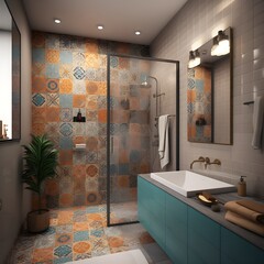 bathroom with bathtub orange and teal blue tiles