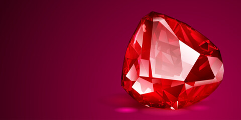 Sticker - A big precious red crystal like an ruby with highlights and shadow on a color background. Faceted gemstone