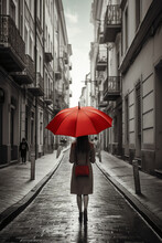Red Umbrella In Hand Of Woman Walking On A Colorless Street. AI Generative