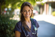 © wetzkaz - young adult smiling medical doctor outdoor at spring or summer temperatures, studying at university or leisure time or break. Generative AI