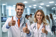 two young overly friendly joyful doctors doctors with thumbs up. Generative AI
