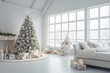 large living room with decorated christmas tree and christmas gifts, white style, festive luxurious. Generative AI
