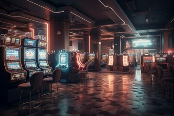 Luxury casino interior with lots of slot machines. AI generated, human enhanced.