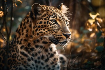 Wall Mural - Beautiful leopard. Background with selective focus and copy space. AI generated, human enhanced