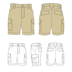 Khaki technical sketch of Short Cargo Pants vector template, front, back and side view, isolated on white background, editable color and stroke.
