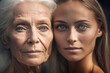 comparison between old and young, close up of the face, adult woman and old woman . Generative AI