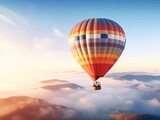 A hot air balloon floating in the sky at sunrise