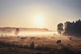Fototapeta Sawanna - Rustic countryside landscape with a herd of grazing cows on a misty meadow at sunrise, generative ai