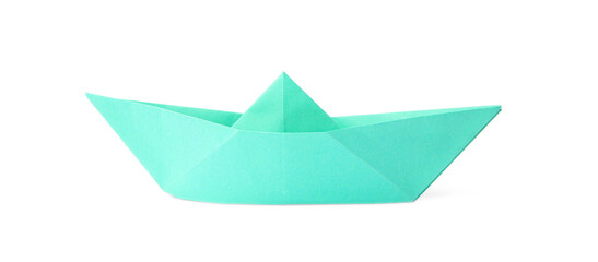 Poster - Turquoise paper boat isolated on white. Origami art