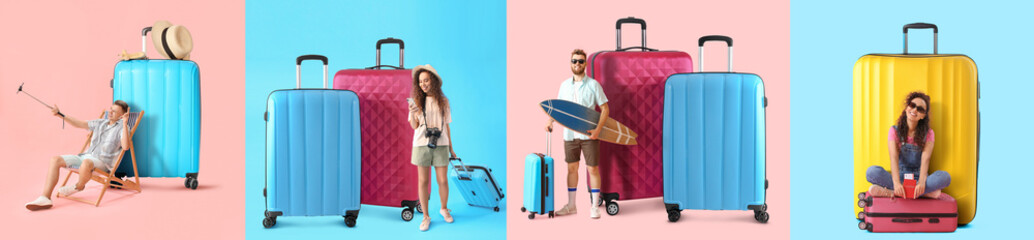 Wall Mural - Collage with tourists and big luggage on color background