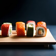 The Image Features An Assortment Of Beautifully Prepared Sushi Rolls, Arranged On A Plate In An Eye-catching Display. Each Roll Has Its Own Unique Combination Of Fillings.