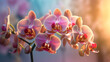 Orchid Flower Plant Petals Close Up With Luminescent Pastel Glow on Light Floral Colored Background - Generative AI