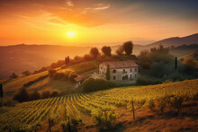 Majestic Sunset Over A Serene Hillside Dotted With Rolling Vineyards And Quaint Farmhouses, Generative Ai