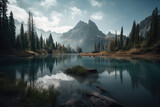 Fototapeta Natura - Mountain Escape Quiet Lake in the Midst of Towering Peaks, generative ai