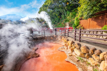 Sticker - Beppu, Japan - Nov 25 2022: Kamado Jigoku hot spring in Beppu, Oita. The town is famous for its onsen (hot springs). It has 8 major geothermal hot spots, referred to as the 