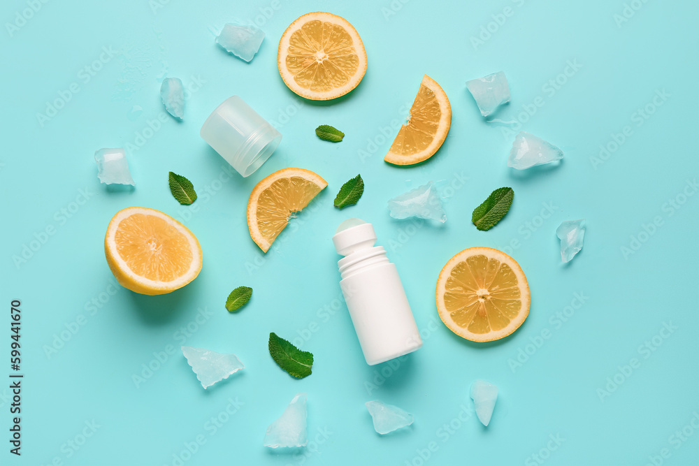 Deodorant with lemon slices, ice and mint on turquoise background