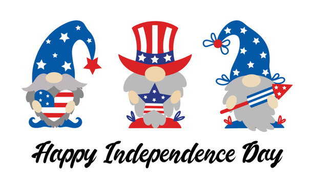 Cute patriotic gnomes by July 4th. American Independence Day. Elves with beards hold a heart, a star, a petard in the colors of the USA flag. A set of dwarves in national hats. Cartoon vector clipart