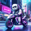 fast fluffy white puppy dog riding a futuristic motorbike at high speed wearing futuristic combat suit on the street of cyberpunk neon city, Generative AI