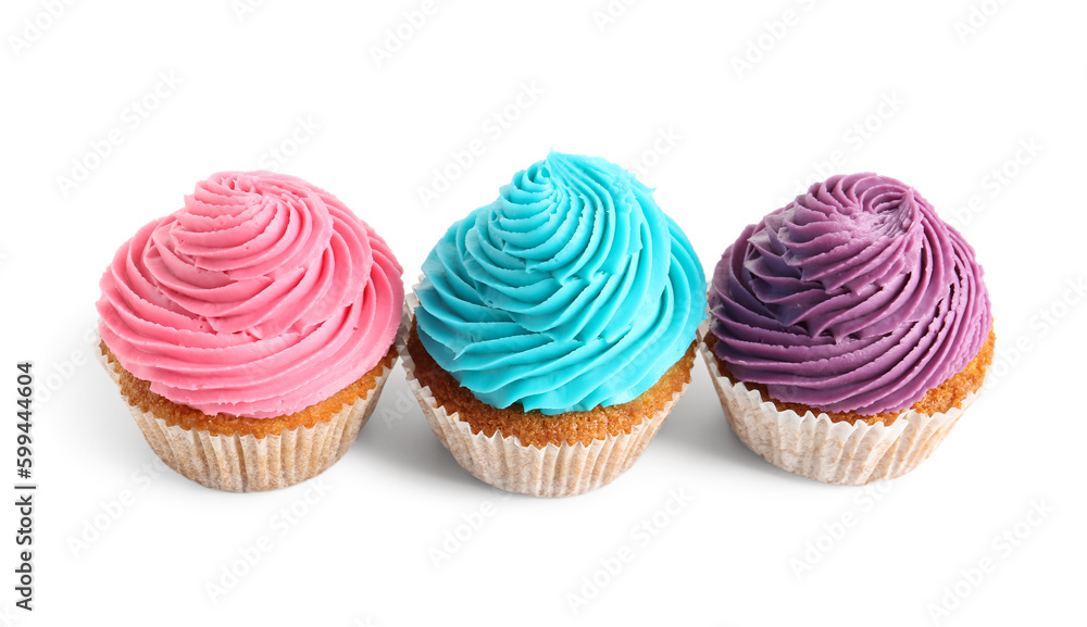 Tasty colorful cupcakes on white background