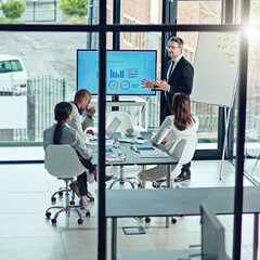 Poster - Guiding his audience with experience. a businessman delivering a presentation in the boardroom.