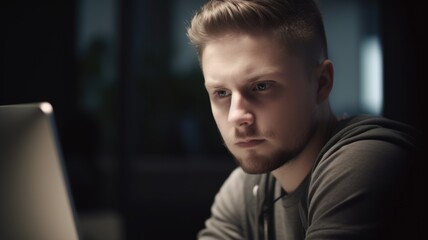 Software Developer Male Caucasian Young Adult Typing on laptop in Office. Generative AI AIG22.