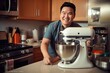 Male Asian adult cooking in kitchen apron chef attire. Generative AI AIG23.