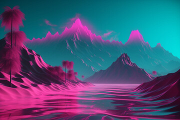 Wall Mural - Vaporwave Retro-Futuristic Landscape, generative ai