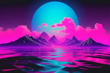 Wall Mural - Vaporwave Retro-Futuristic Landscape, generative ai