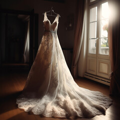 A wedding dress on a hanger inside of a room