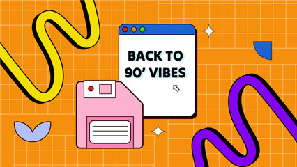 Vector 90s party cartoon background illustration with retro music 1990 and disco in old style design colorful colourful