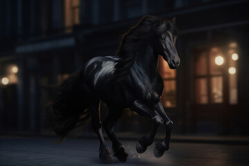 Wall Mural - Majestic black horse with beautiful flowing mane galloping at the city street. Generative art