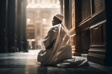 Back View Of A Moslem Pilgrim Sitting In Mosque Wearing Hajj Clothes