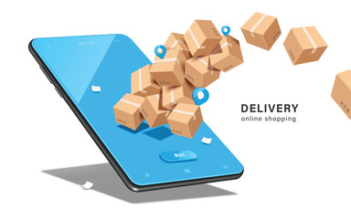 Parcel box or cardboard box floats out of blue smartphone screen after a customer presses button below to place an order