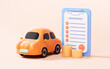 Cartoon car and contract on the yellow background, 3d rendering.
