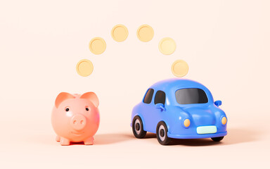 Cartoon piggy bank and blue car on the yellow background, 3d rendering.