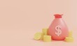 © Phoemphon - Money bag isolated on pink background. Money saving concept.Symbol of goals in savings.investing and business.money management.Saving and Money bags icon. Dollar.3D render