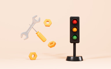 Repair tools and traffic sign light in the yellow background, 3d rendering.